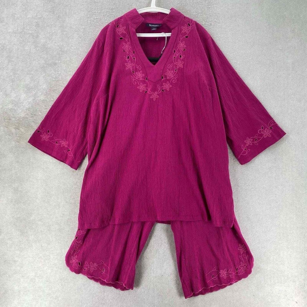 Roamans Lagenlook Shirt & Pants Outfit Set Womens 1X Gauzy Coastal 22/24 Pink